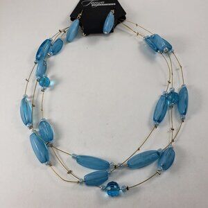 Gold-tone Wire Multi-Row Illusion Blue Beads Necklace, matching Earrings 18+2.5"